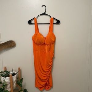 Orange sparkly ruched dress
